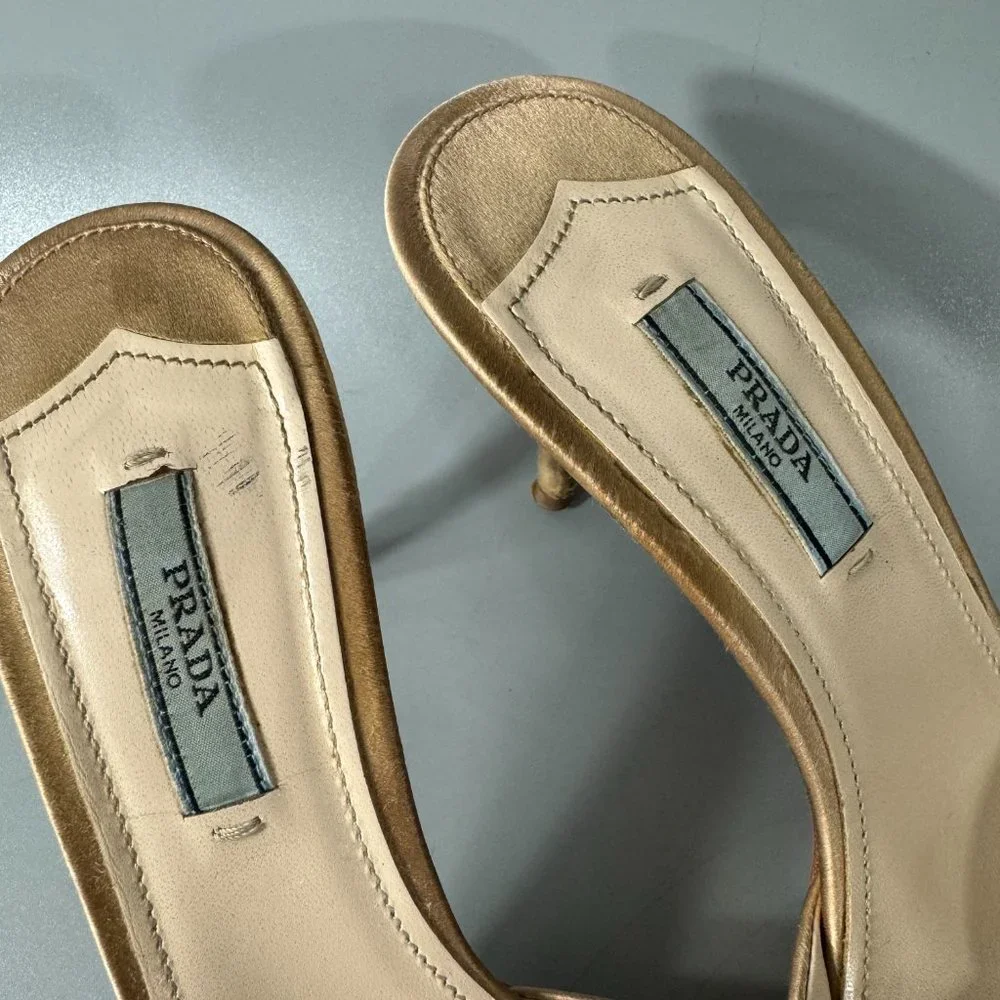 Authentic Prada Gold Silk Evening Mules with Asymmetric Bow, Size 39 1/2 - Picture 13 of 14